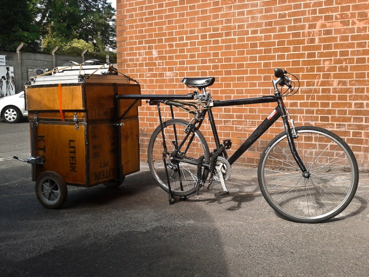 Bike Trailer Darkbox hitched to bike and ready to explore.